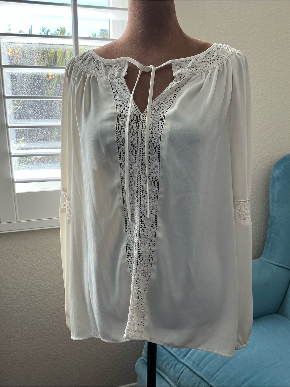 Chaps Cream Lace-Trim Peasant Top